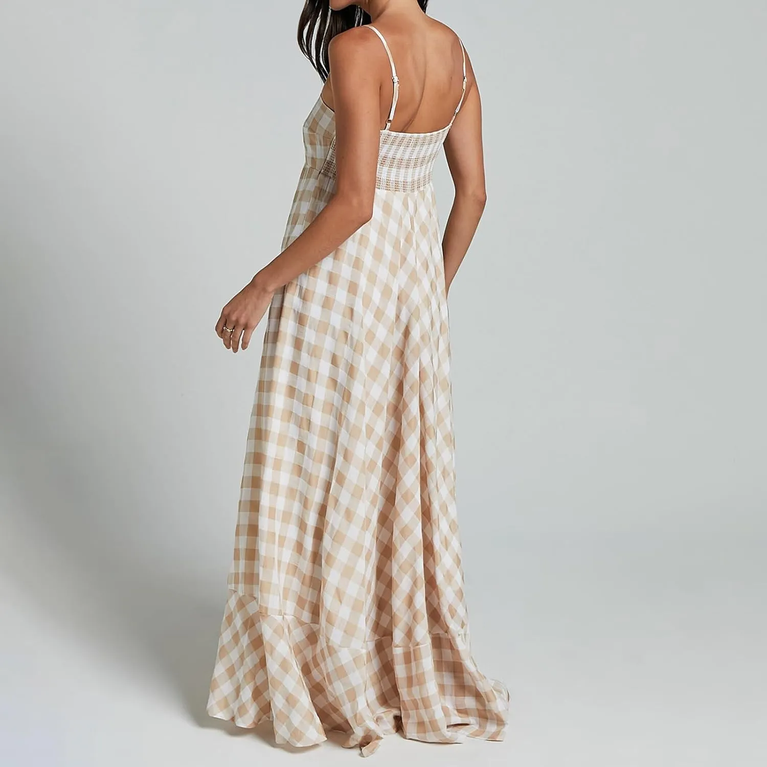 Women Gingham Maxi Dress Sleeveless Flowy Ruffle Checkered Long Dresses Spaghetti Strap Plaid Midi Sundress Summer