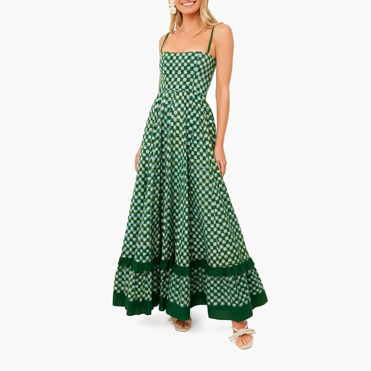 Women Gingham Maxi Dress Sleeveless Flowy Ruffle Checkered Long Dresses Spaghetti Strap Plaid Midi Sundress Summer