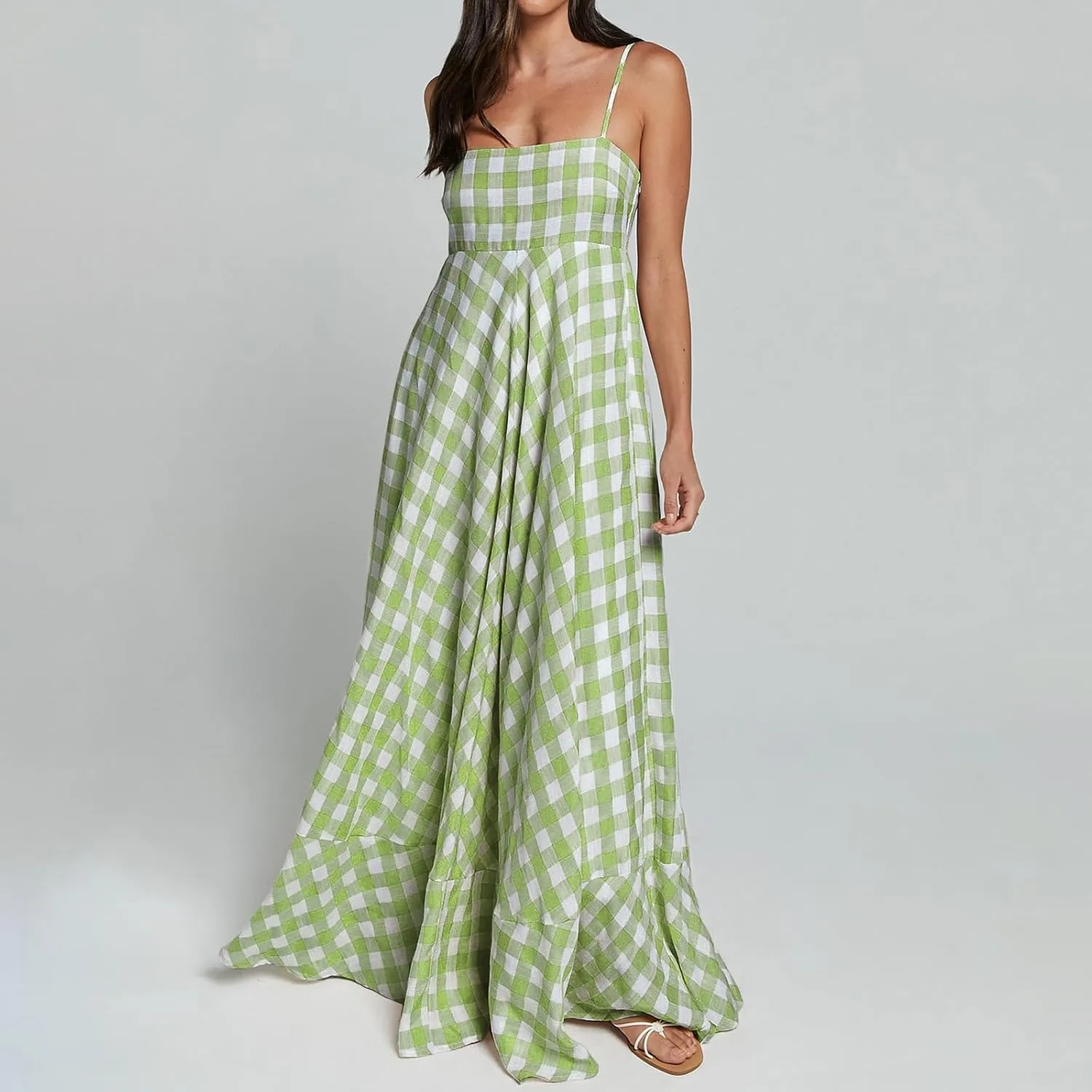 Women Gingham Maxi Dress Sleeveless Flowy Ruffle Checkered Long Dresses Spaghetti Strap Plaid Midi Sundress Summer