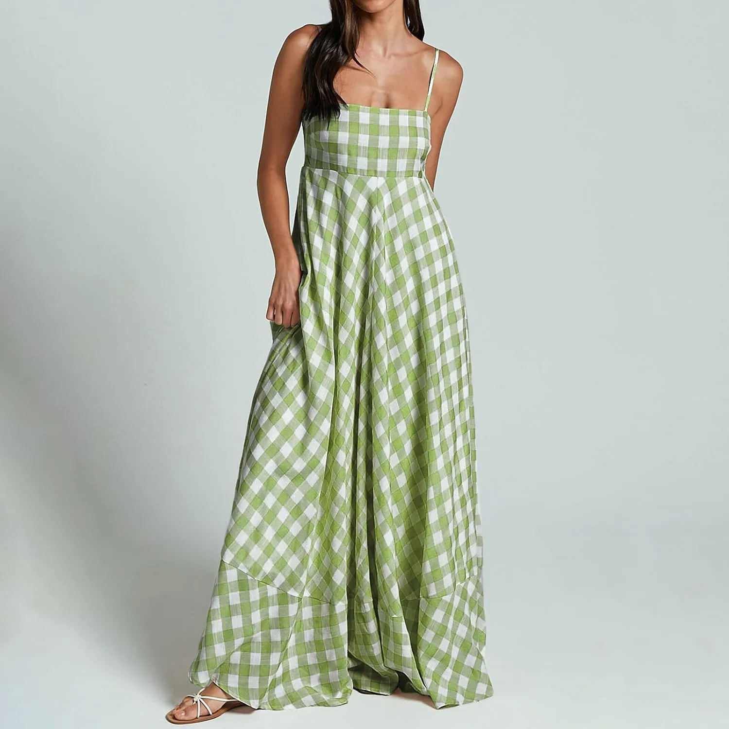Women Gingham Maxi Dress Sleeveless Flowy Ruffle Checkered Long Dresses Spaghetti Strap Plaid Midi Sundress Summer