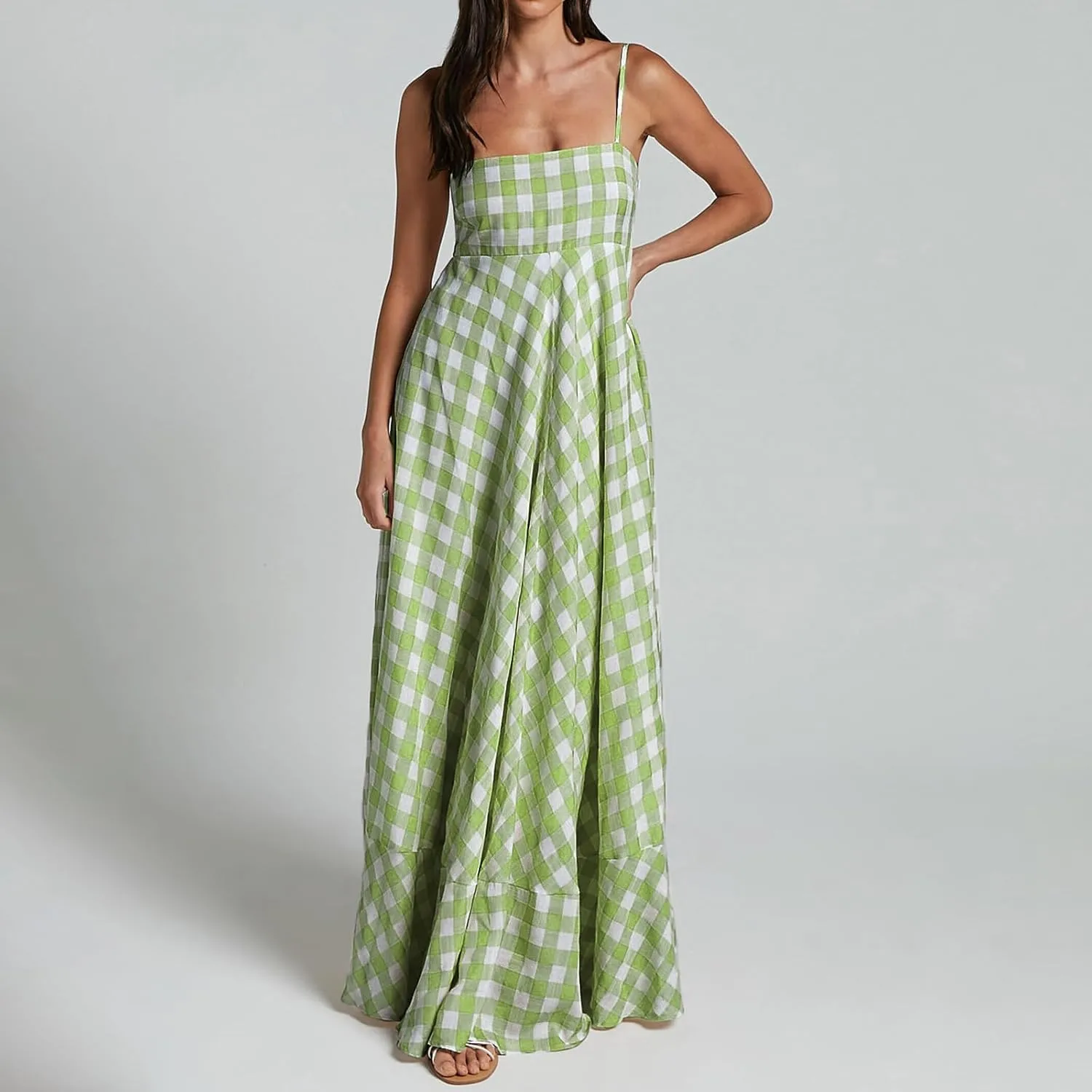 Women Gingham Maxi Dress Sleeveless Flowy Ruffle Checkered Long Dresses Spaghetti Strap Plaid Midi Sundress Summer