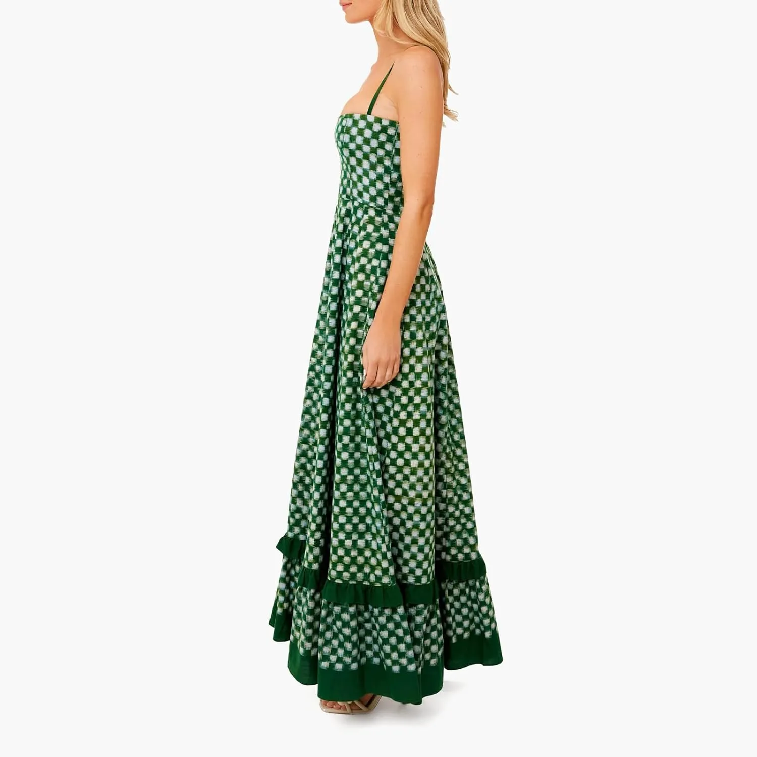 Women Gingham Maxi Dress Sleeveless Flowy Ruffle Checkered Long Dresses Spaghetti Strap Plaid Midi Sundress Summer