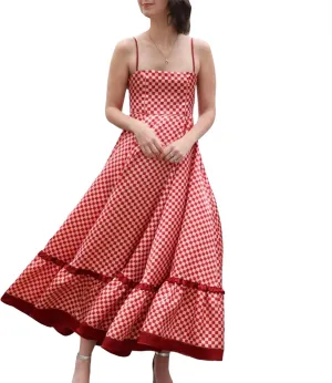 Women Gingham Maxi Dress Sleeveless Flowy Ruffle Checkered Long Dresses Spaghetti Strap Plaid Midi Sundress Summer