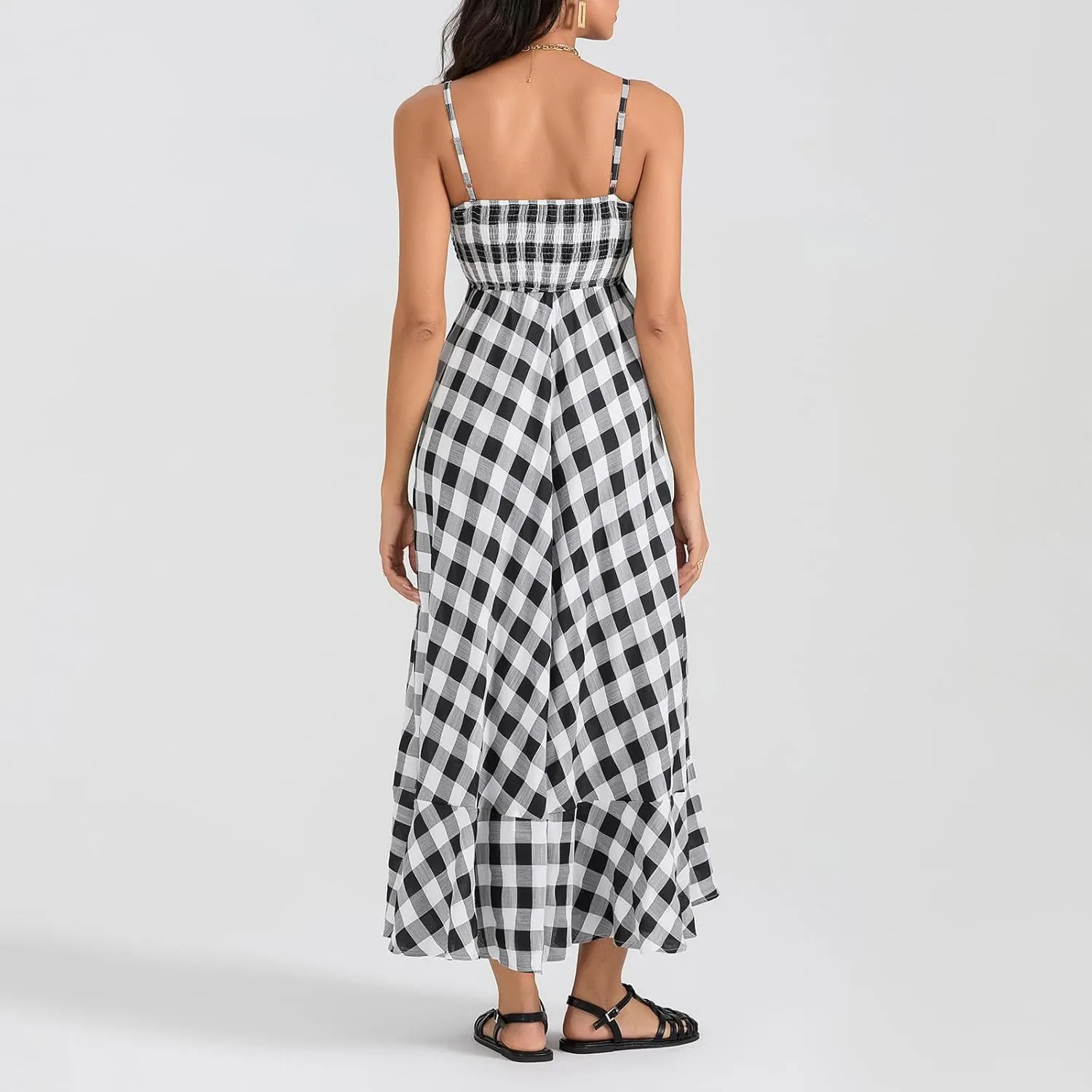 Women Gingham Maxi Dress Sleeveless Flowy Ruffle Checkered Long Dresses Spaghetti Strap Plaid Midi Sundress Summer