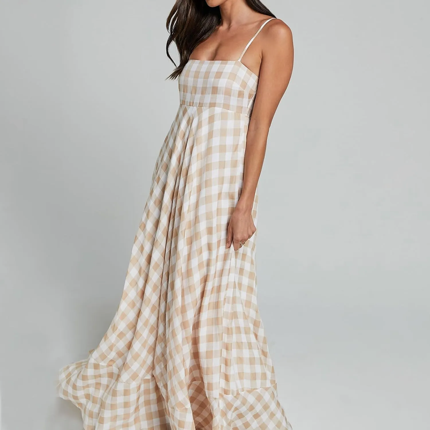 Women Gingham Maxi Dress Sleeveless Flowy Ruffle Checkered Long Dresses Spaghetti Strap Plaid Midi Sundress Summer