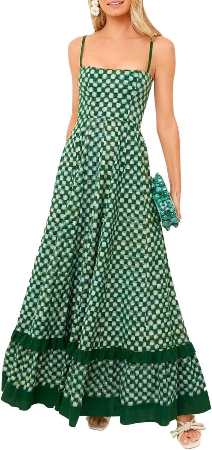 Women Gingham Maxi Dress Sleeveless Flowy Ruffle Checkered Long Dresses Spaghetti Strap Plaid Midi Sundress Summer