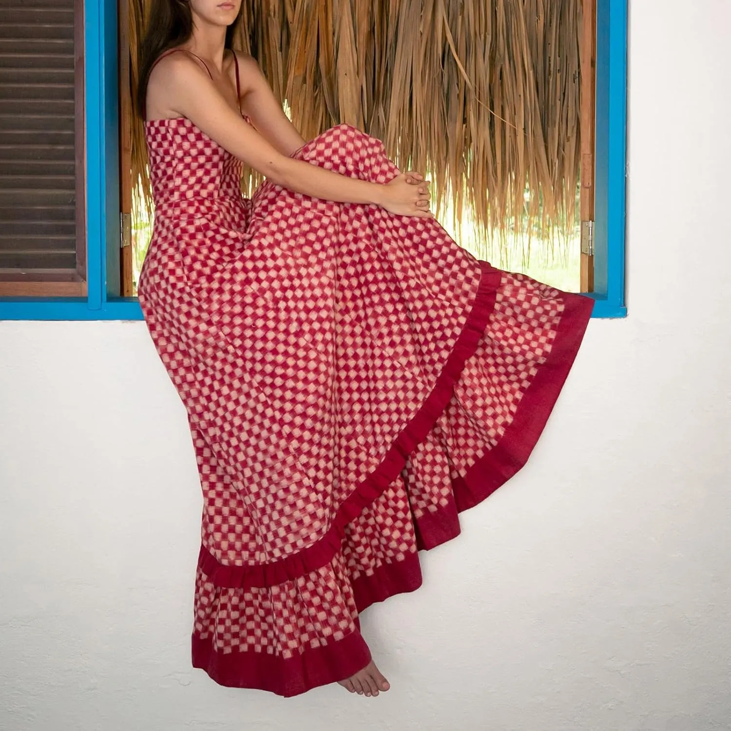 Women Gingham Maxi Dress Sleeveless Flowy Ruffle Checkered Long Dresses Spaghetti Strap Plaid Midi Sundress Summer