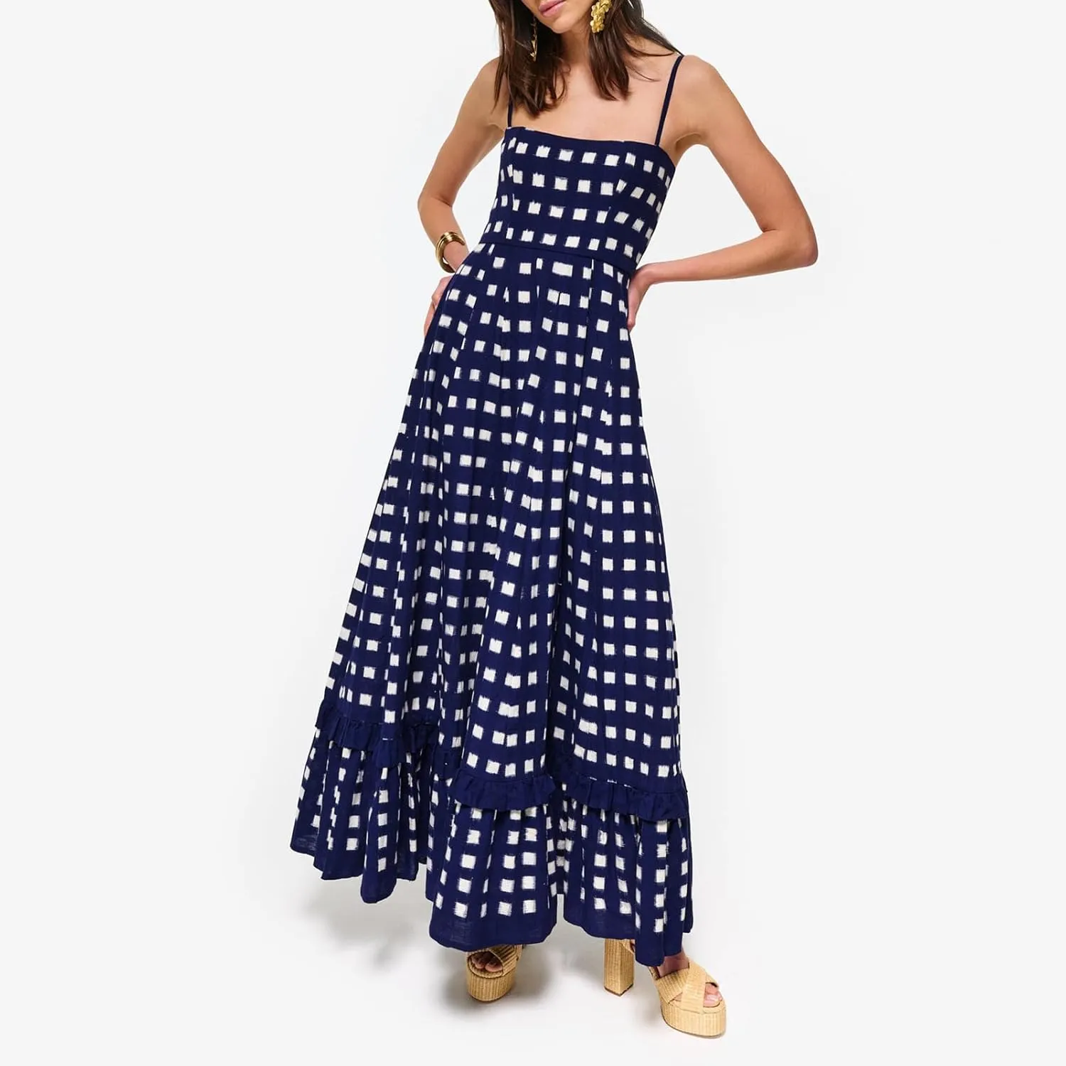 Women Gingham Maxi Dress Sleeveless Flowy Ruffle Checkered Long Dresses Spaghetti Strap Plaid Midi Sundress Summer