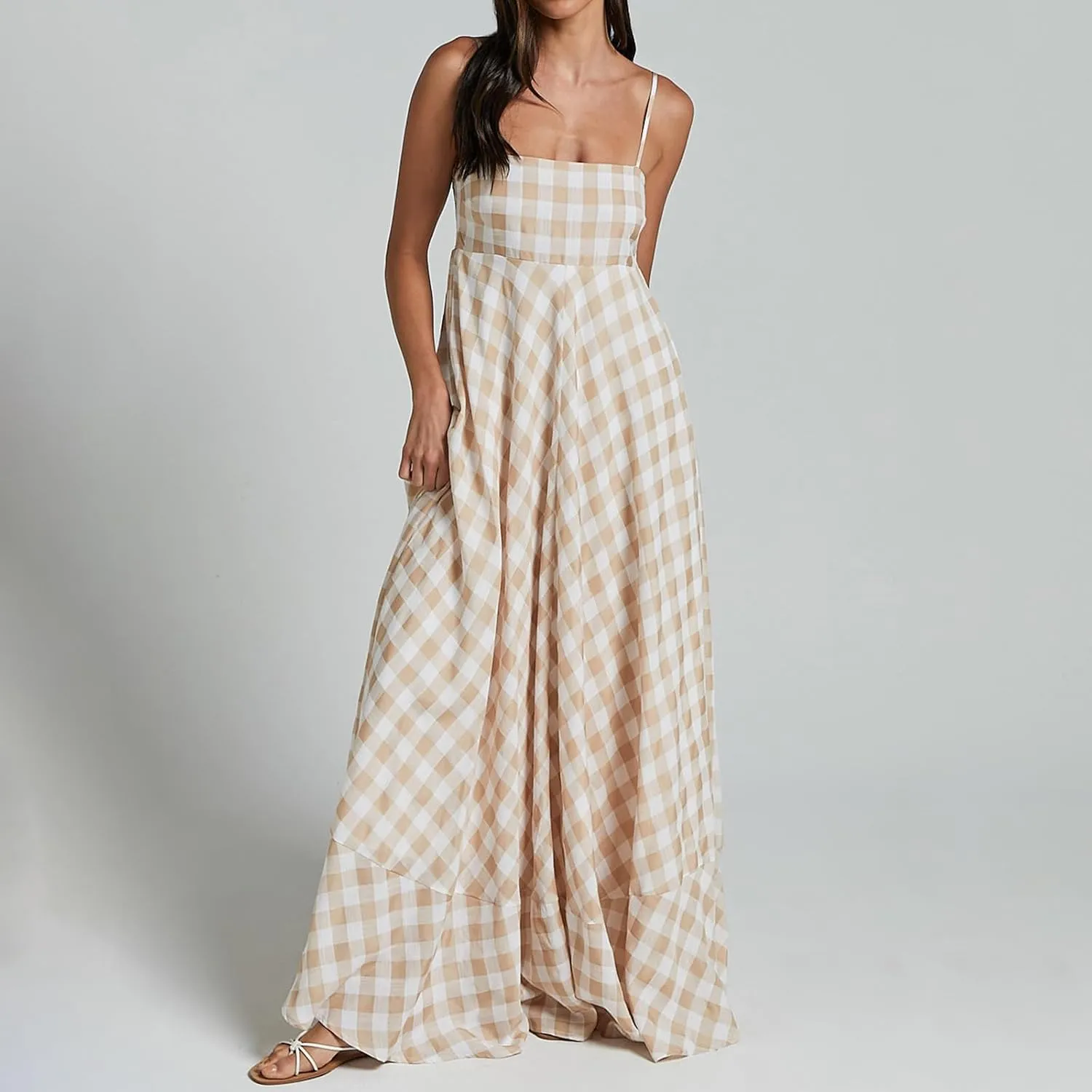 Women Gingham Maxi Dress Sleeveless Flowy Ruffle Checkered Long Dresses Spaghetti Strap Plaid Midi Sundress Summer