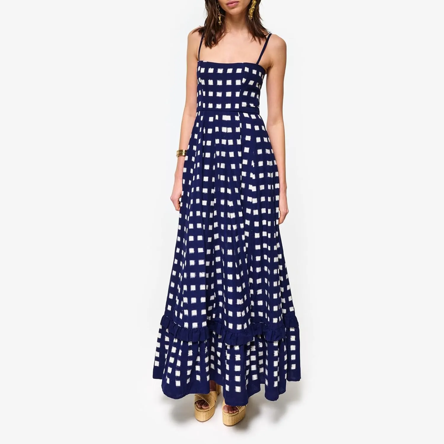 Women Gingham Maxi Dress Sleeveless Flowy Ruffle Checkered Long Dresses Spaghetti Strap Plaid Midi Sundress Summer