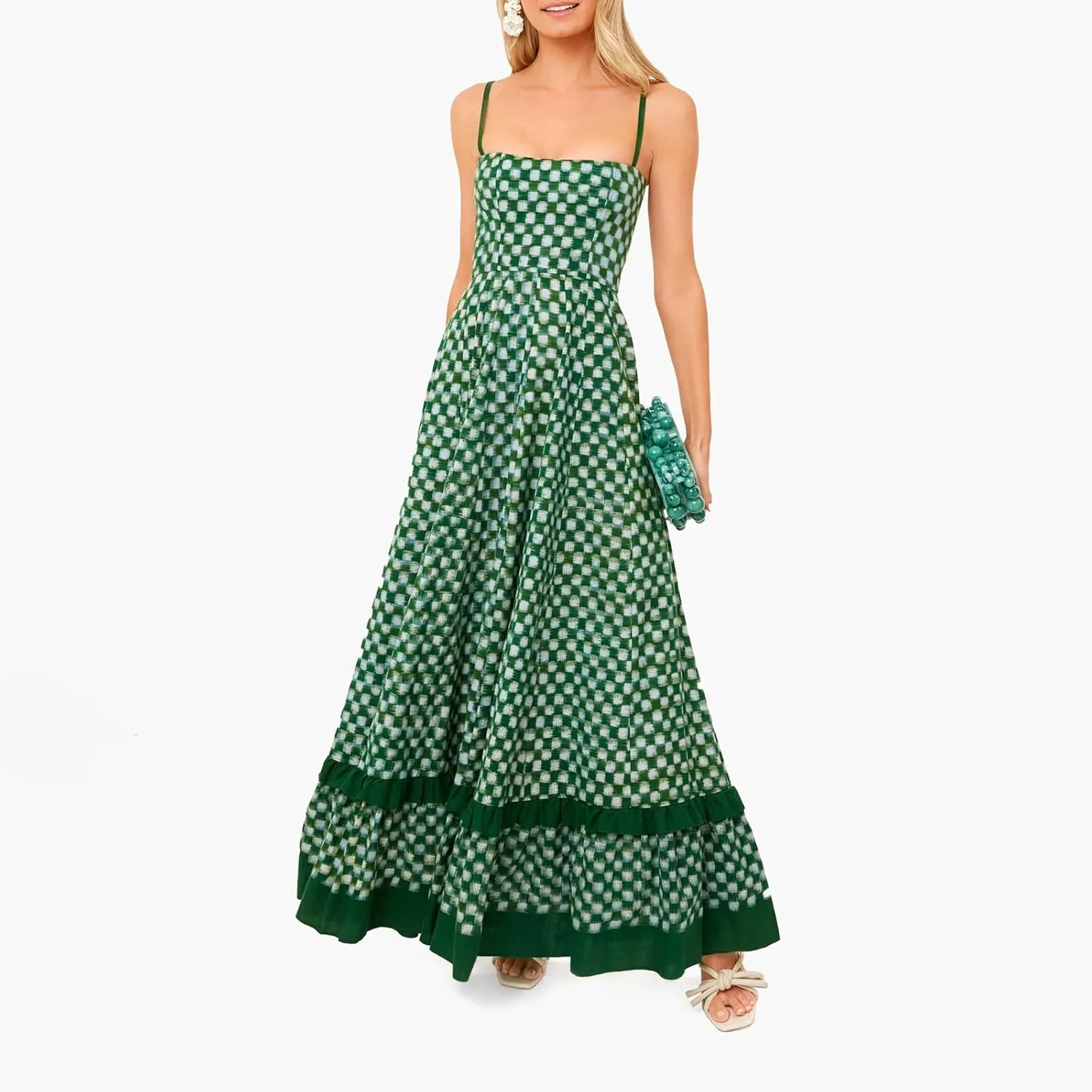 Women Gingham Maxi Dress Sleeveless Flowy Ruffle Checkered Long Dresses Spaghetti Strap Plaid Midi Sundress Summer