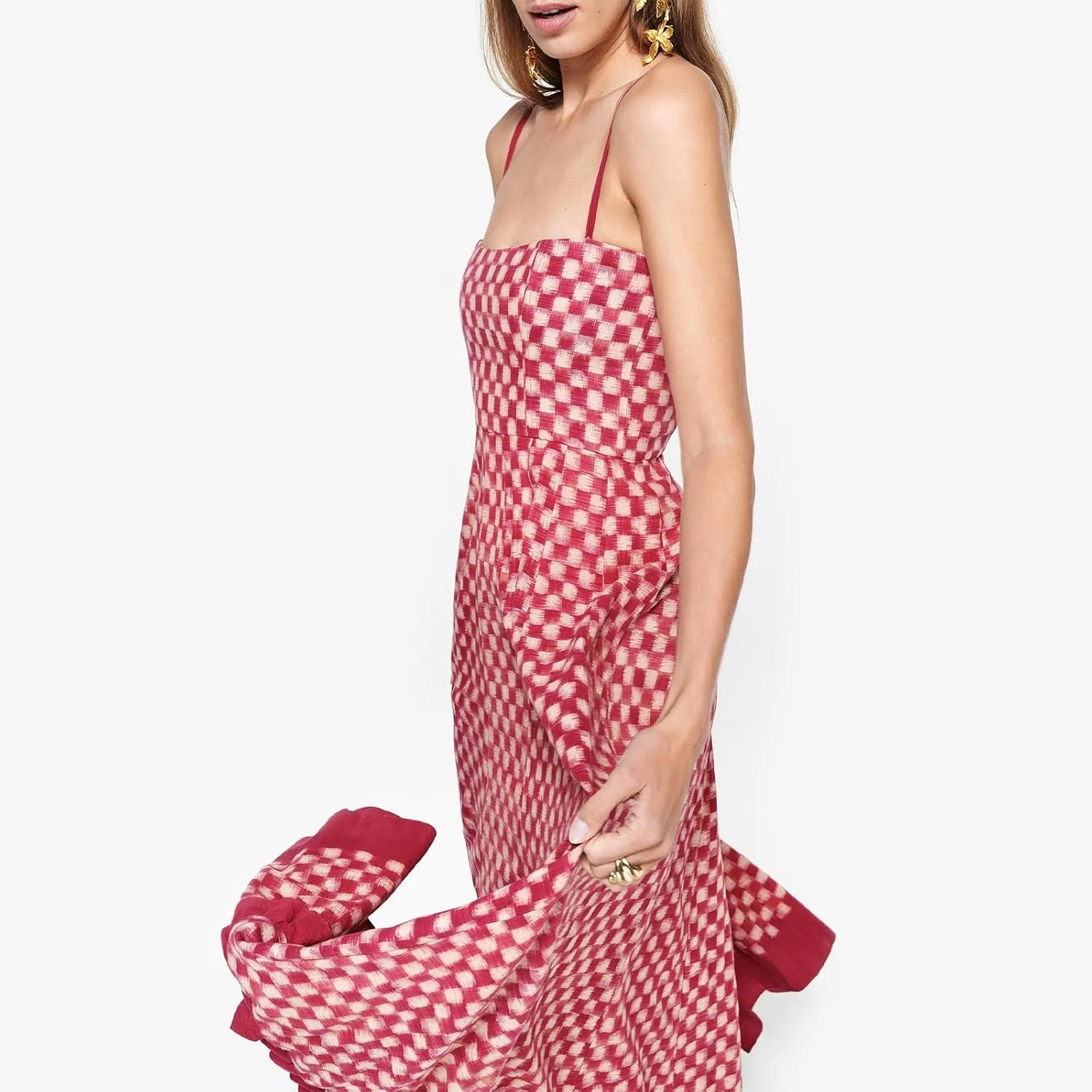 Women Gingham Maxi Dress Sleeveless Flowy Ruffle Checkered Long Dresses Spaghetti Strap Plaid Midi Sundress Summer