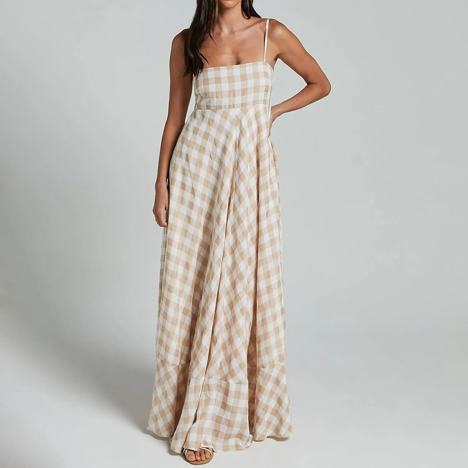 Women Gingham Maxi Dress Sleeveless Flowy Ruffle Checkered Long Dresses Spaghetti Strap Plaid Midi Sundress Summer