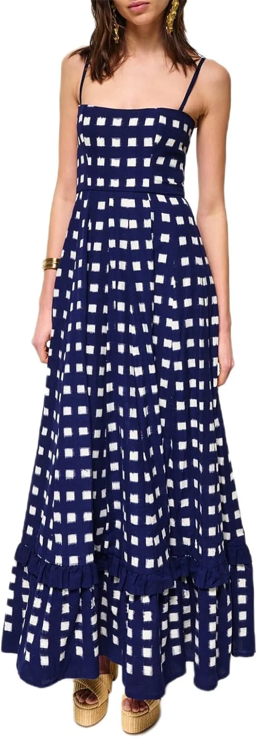 Women Gingham Maxi Dress Sleeveless Flowy Ruffle Checkered Long Dresses Spaghetti Strap Plaid Midi Sundress Summer