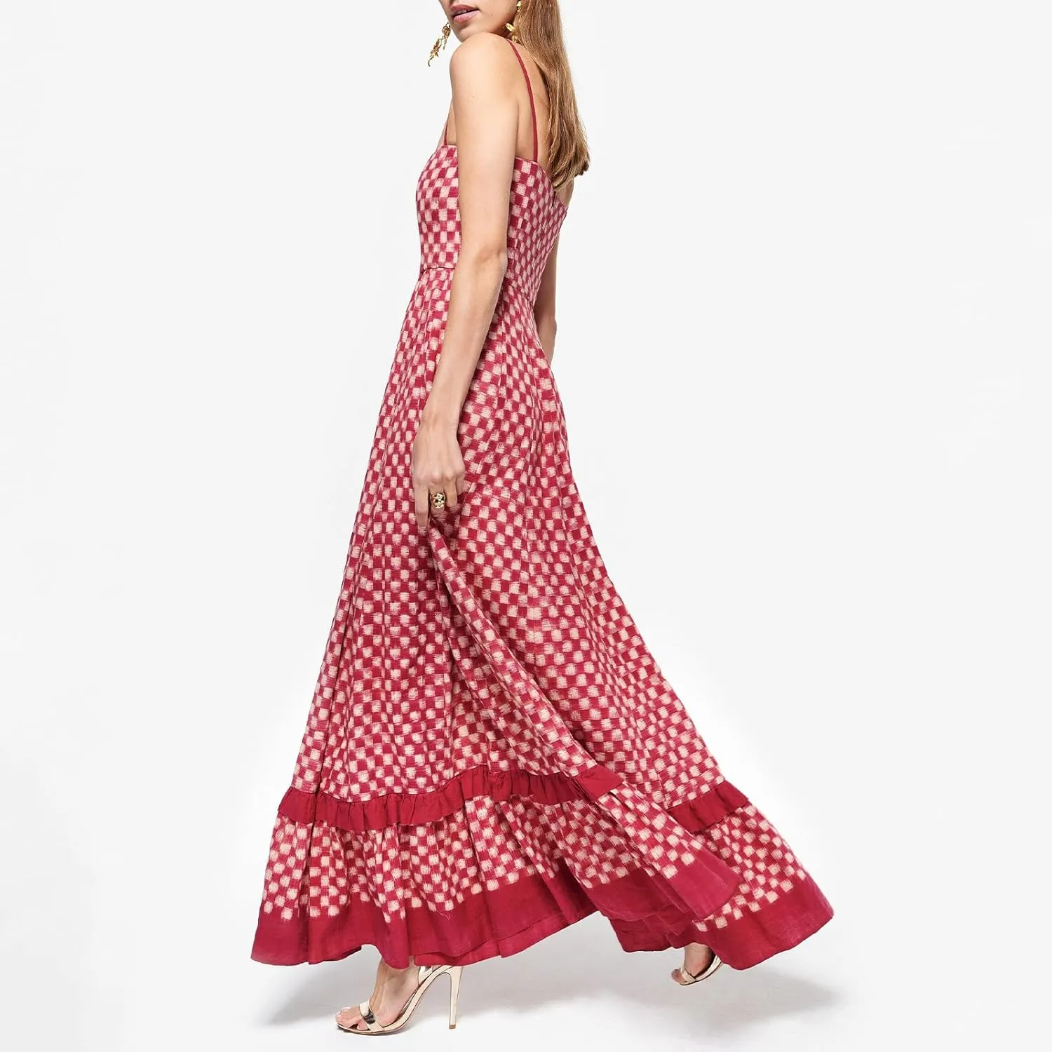 Women Gingham Maxi Dress Sleeveless Flowy Ruffle Checkered Long Dresses Spaghetti Strap Plaid Midi Sundress Summer