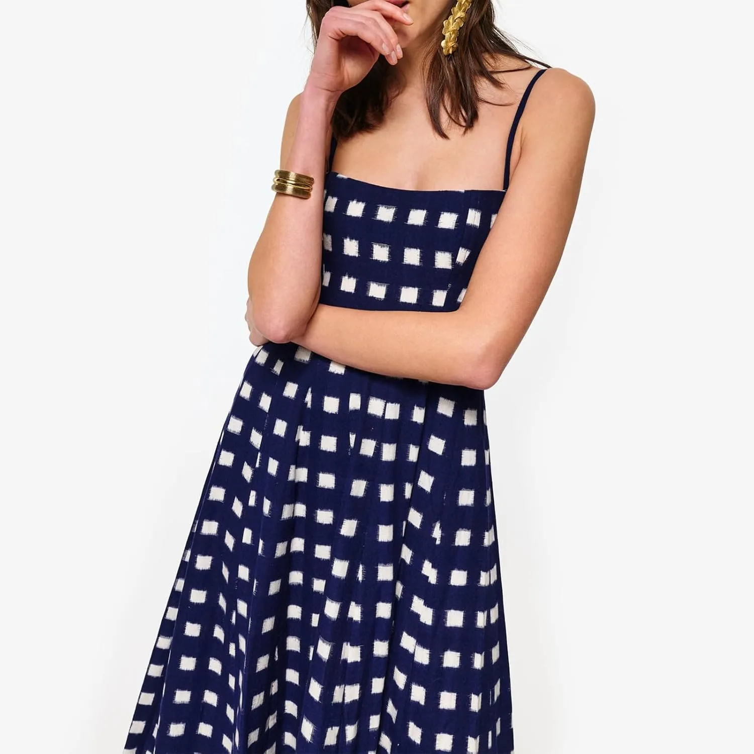 Women Gingham Maxi Dress Sleeveless Flowy Ruffle Checkered Long Dresses Spaghetti Strap Plaid Midi Sundress Summer