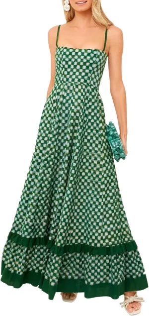 Women Gingham Maxi Dress Sleeveless Flowy Ruffle Checkered Long Dresses Spaghetti Strap Plaid Midi Sundress Summer