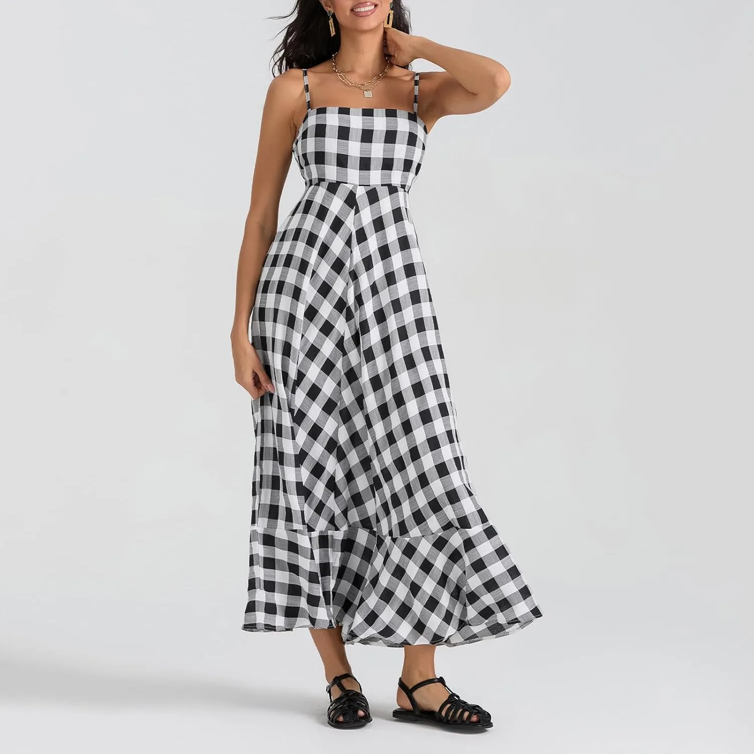 Women Gingham Maxi Dress Sleeveless Flowy Ruffle Checkered Long Dresses Spaghetti Strap Plaid Midi Sundress Summer