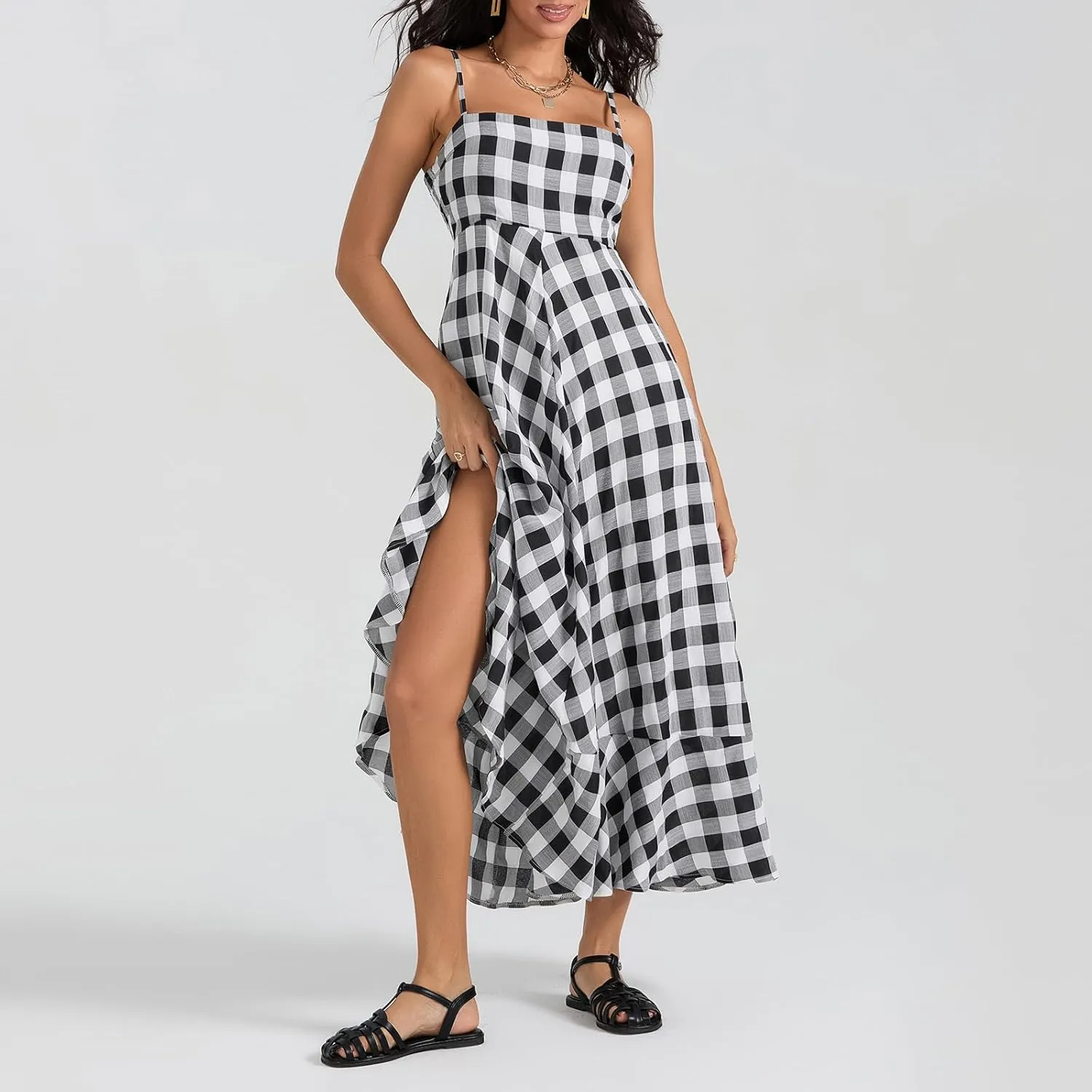 Women Gingham Maxi Dress Sleeveless Flowy Ruffle Checkered Long Dresses Spaghetti Strap Plaid Midi Sundress Summer