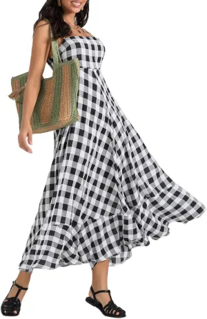 Women Gingham Maxi Dress Sleeveless Flowy Ruffle Checkered Long Dresses Spaghetti Strap Plaid Midi Sundress Summer