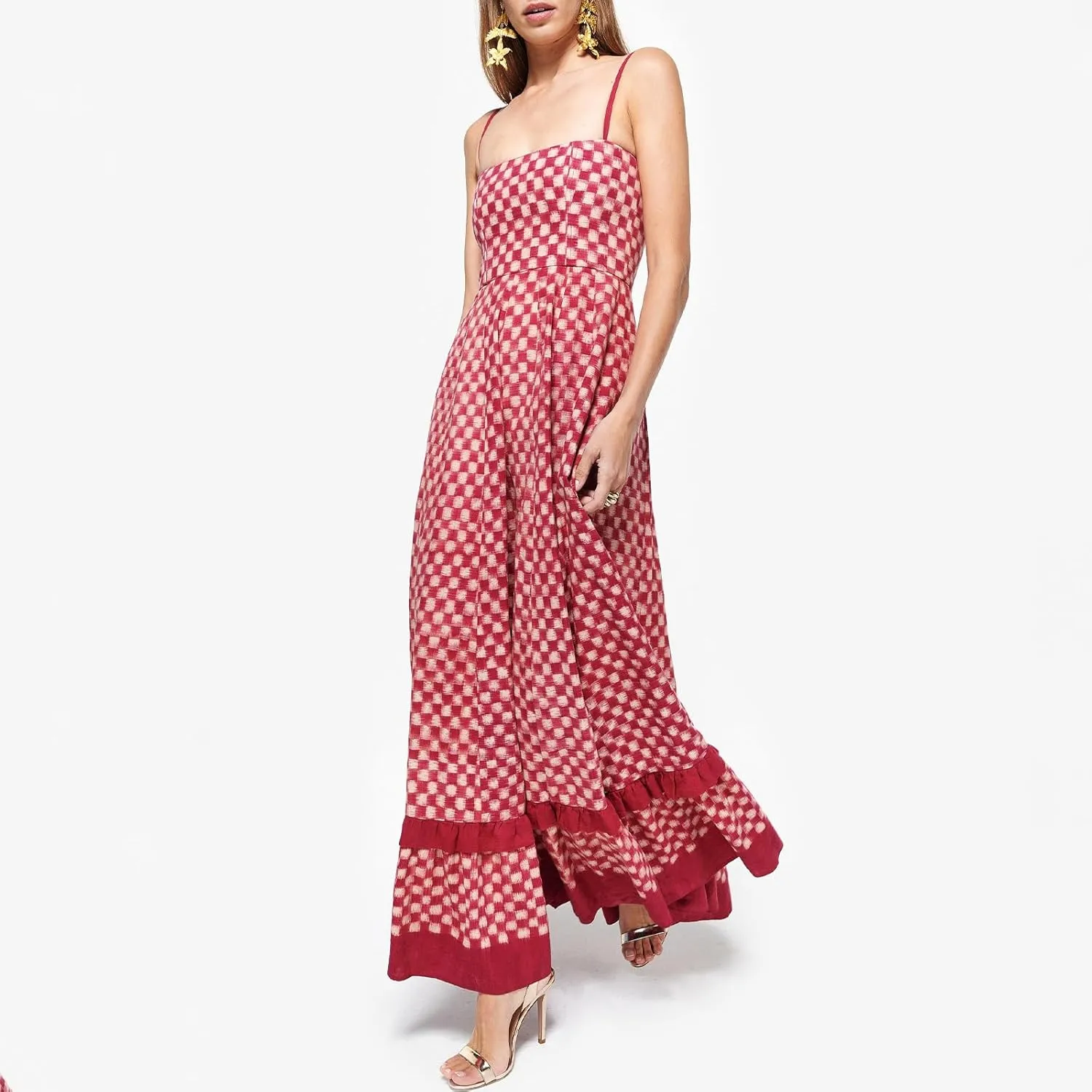 Women Gingham Maxi Dress Sleeveless Flowy Ruffle Checkered Long Dresses Spaghetti Strap Plaid Midi Sundress Summer