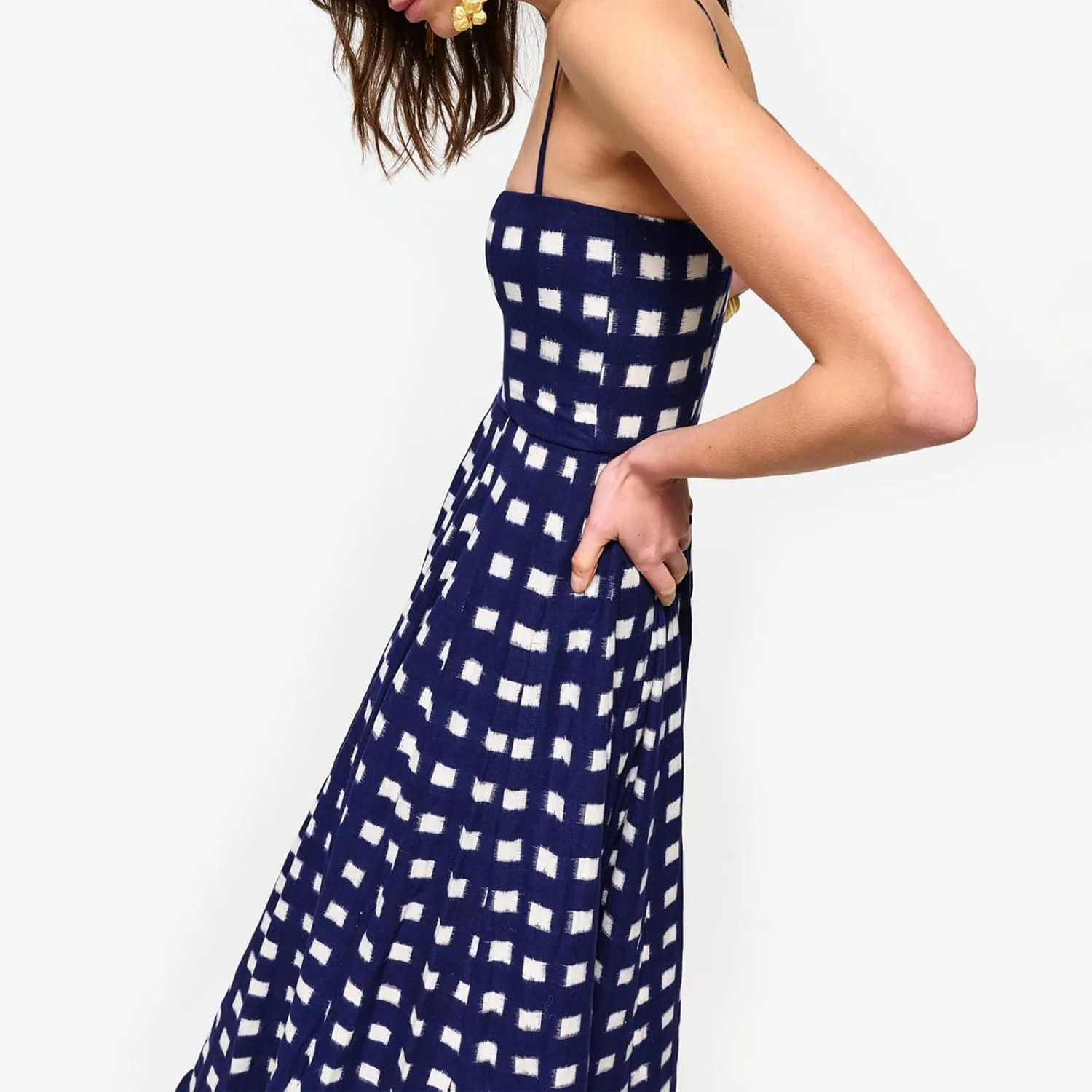 Women Gingham Maxi Dress Sleeveless Flowy Ruffle Checkered Long Dresses Spaghetti Strap Plaid Midi Sundress Summer