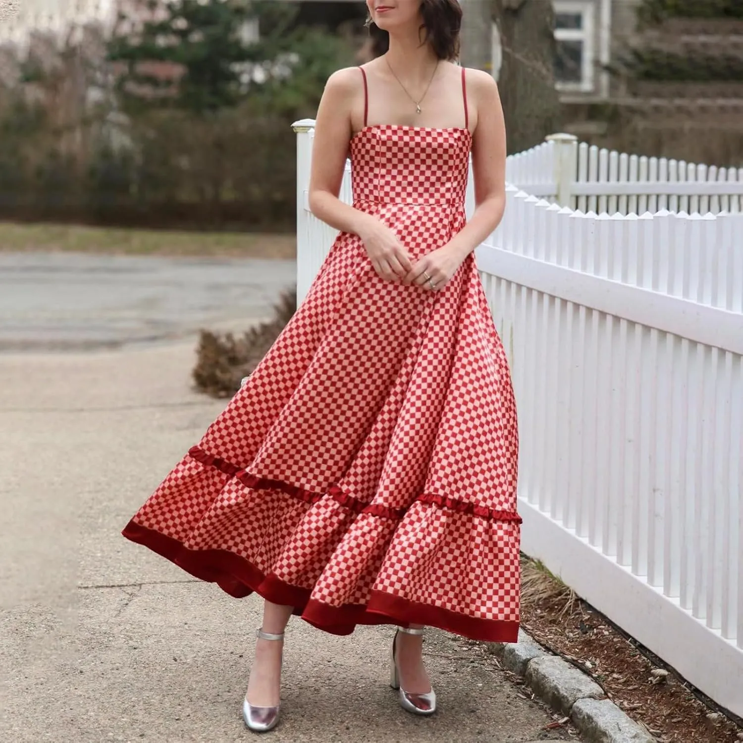 Women Gingham Maxi Dress Sleeveless Flowy Ruffle Checkered Long Dresses Spaghetti Strap Plaid Midi Sundress Summer