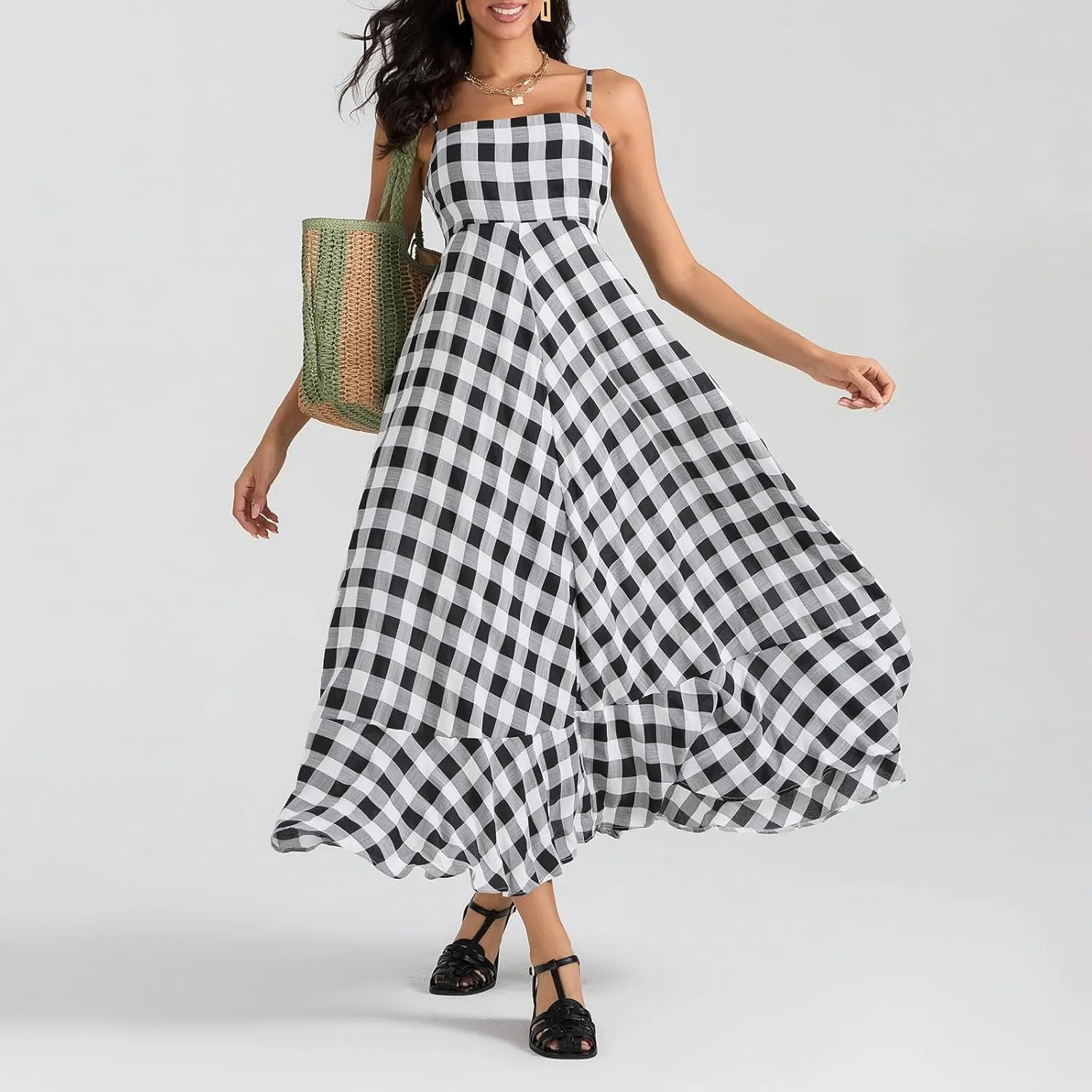 Women Gingham Maxi Dress Sleeveless Flowy Ruffle Checkered Long Dresses Spaghetti Strap Plaid Midi Sundress Summer