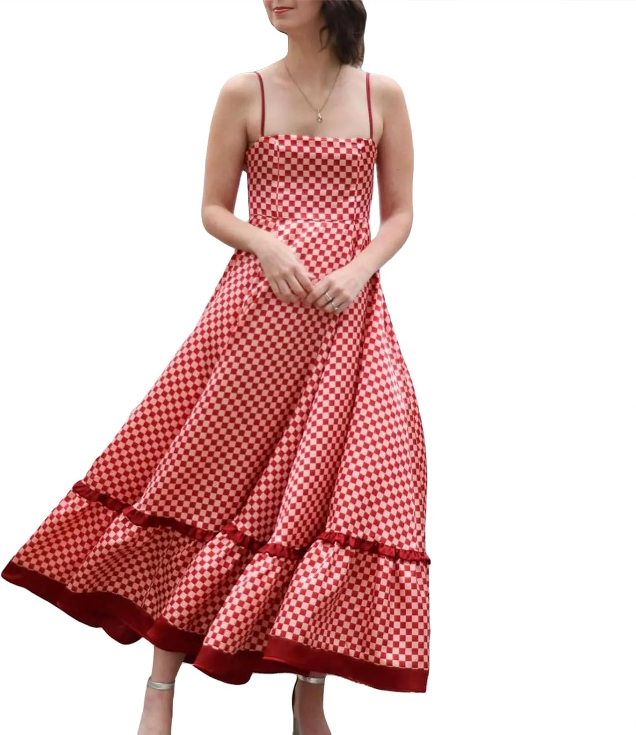 Women Gingham Maxi Dress Sleeveless Flowy Ruffle Checkered Long Dresses Spaghetti Strap Plaid Midi Sundress Summer