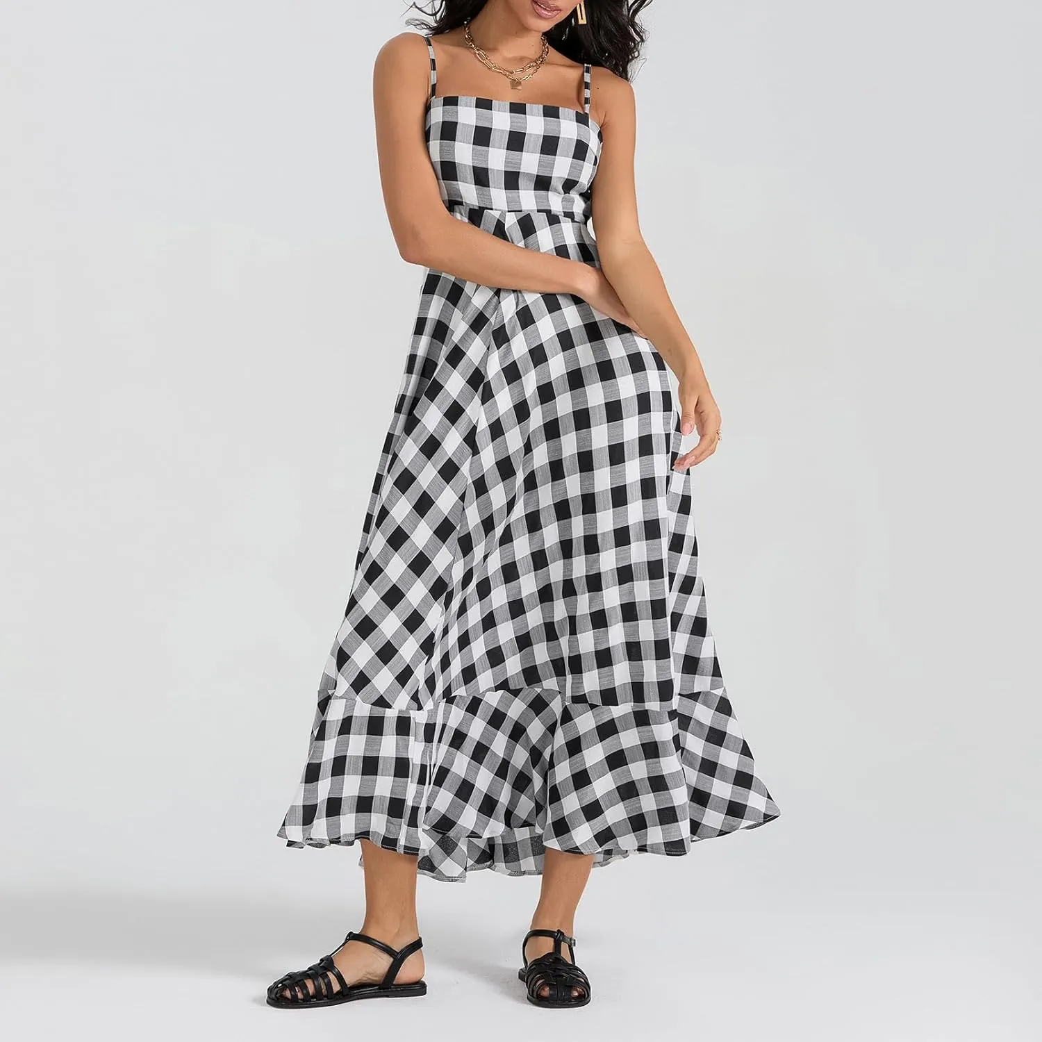 Women Gingham Maxi Dress Sleeveless Flowy Ruffle Checkered Long Dresses Spaghetti Strap Plaid Midi Sundress Summer