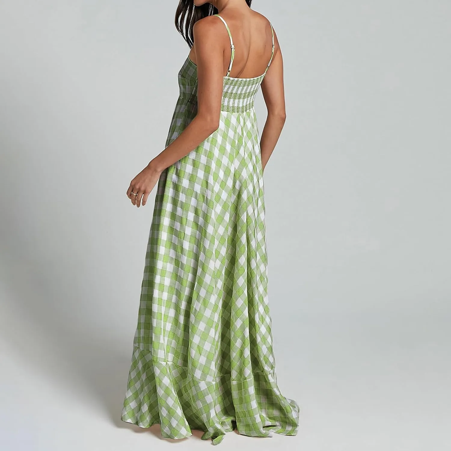 Women Gingham Maxi Dress Sleeveless Flowy Ruffle Checkered Long Dresses Spaghetti Strap Plaid Midi Sundress Summer