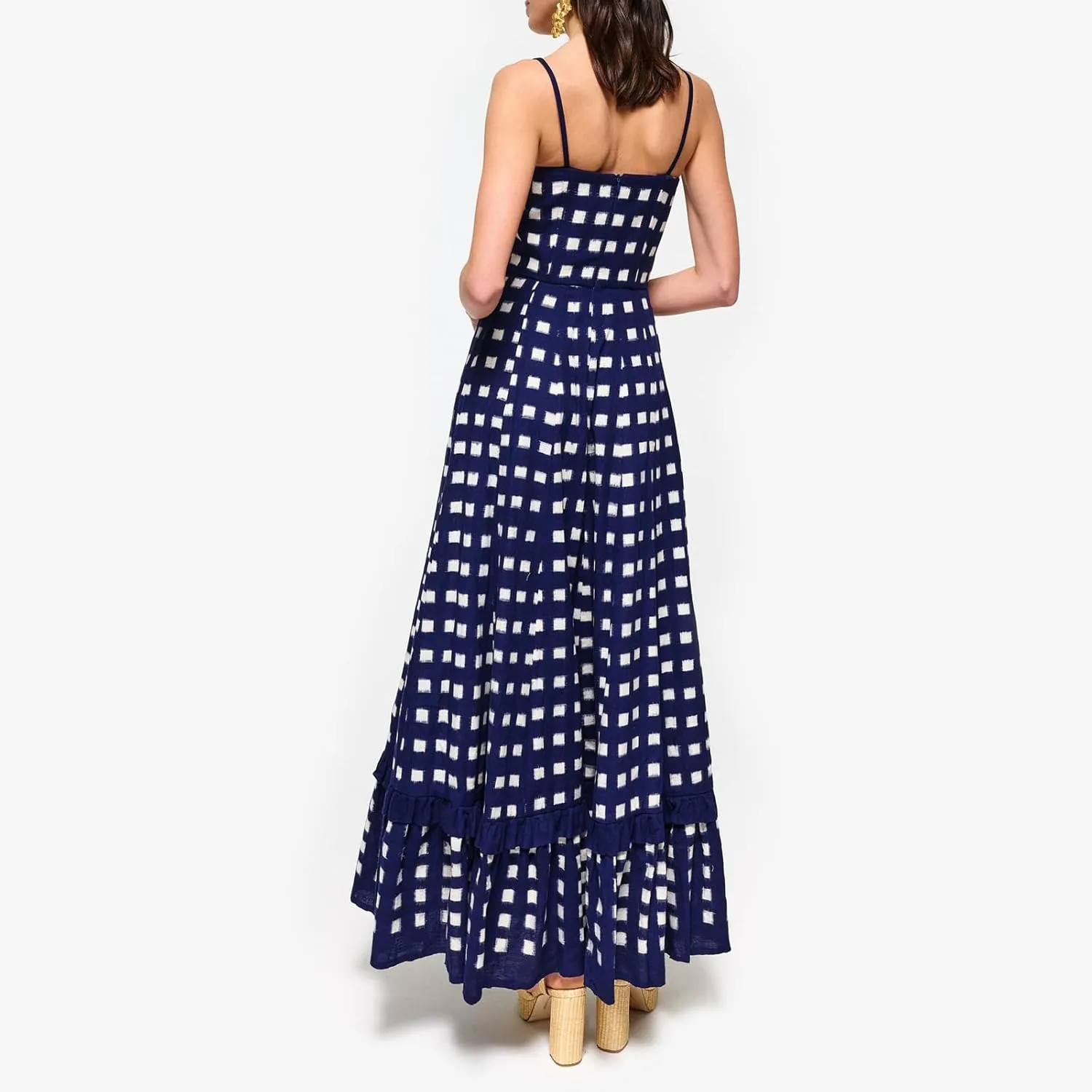 Women Gingham Maxi Dress Sleeveless Flowy Ruffle Checkered Long Dresses Spaghetti Strap Plaid Midi Sundress Summer