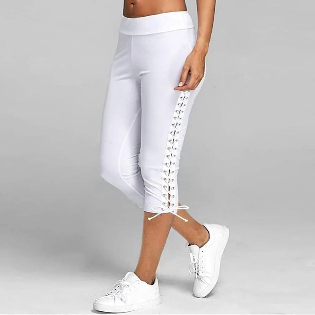 Women Hollow Design Solid Plus Size High Waist Leggings Capri Pants Stretch Workout Pant