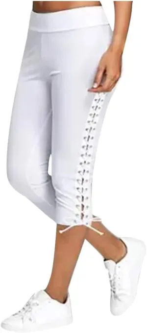 Women Hollow Design Solid Plus Size High Waist Leggings Capri Pants Stretch Workout Pant