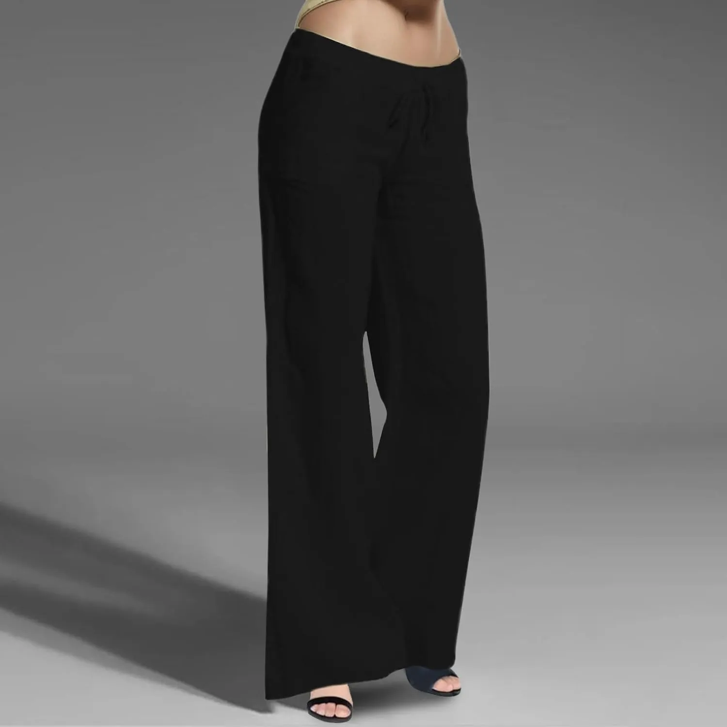 Women Linen Blend Summer Casual Loose Palazzo Lounge Pants Elastic Waist Baggy Stretchy Plus Size Trouser Trendy
