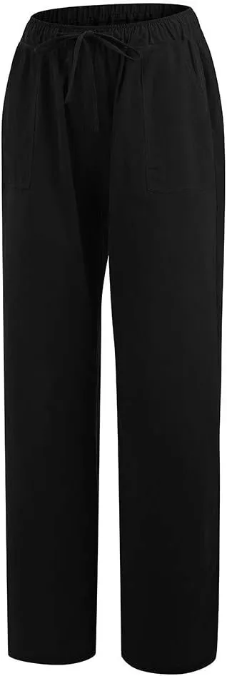 Women Linen Blend Summer Casual Loose Palazzo Lounge Pants Elastic Waist Baggy Stretchy Plus Size Trouser Trendy
