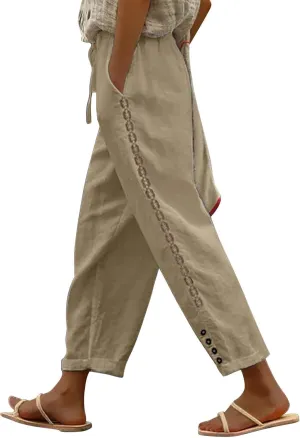 Women Linen Blend Summer Letter Patched Pant Trousers Elastic Waist Wide Leg Loose Fit Trouser Office
