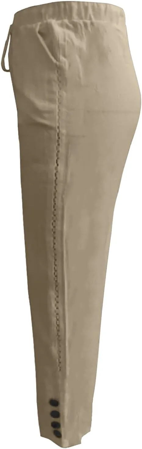 Women Linen Blend Summer Letter Patched Pant Trousers Elastic Waist Wide Leg Loose Fit Trouser Office