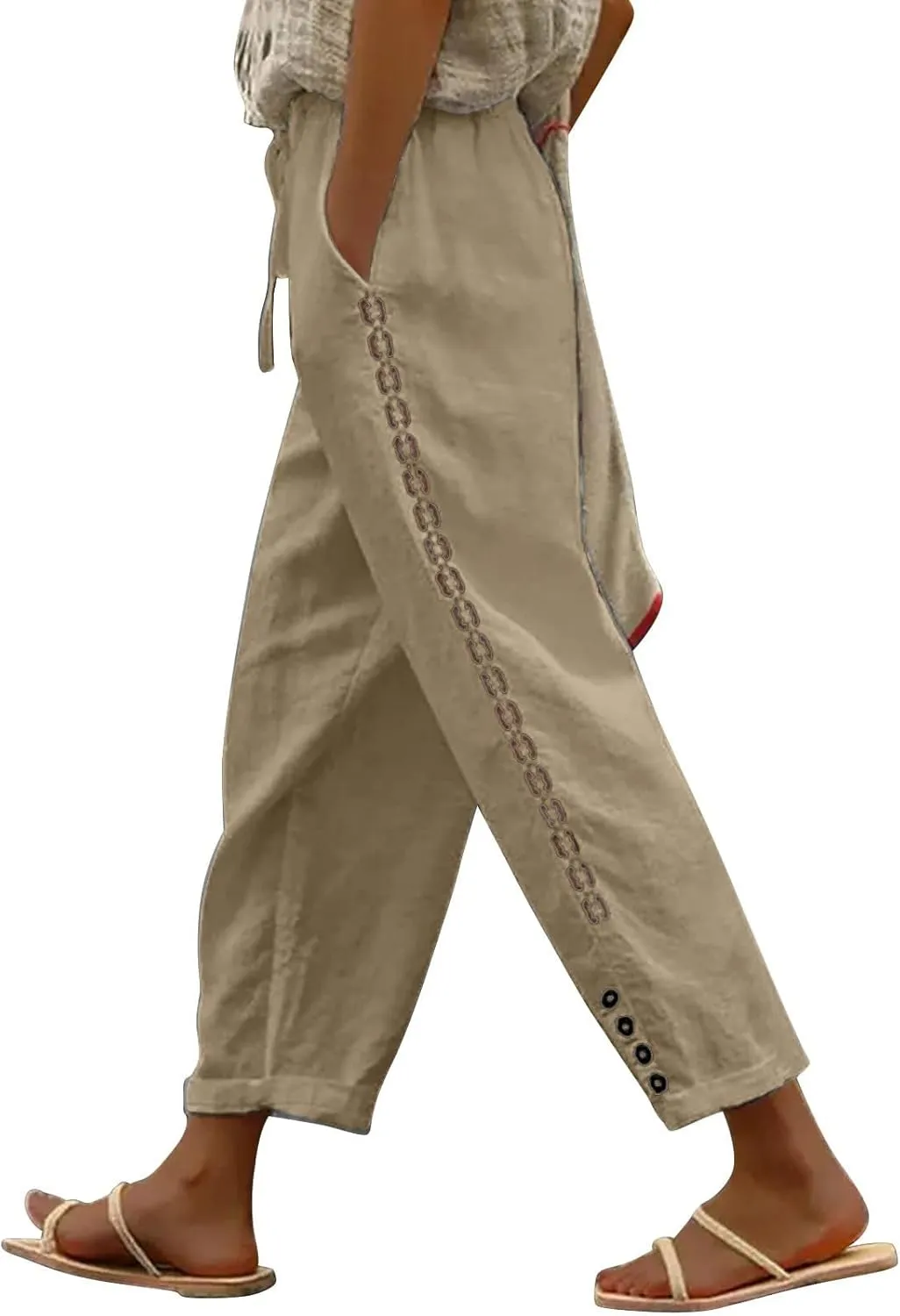 Women Linen Blend Summer Letter Patched Pant Trousers Elastic Waist Wide Leg Loose Fit Trouser Office