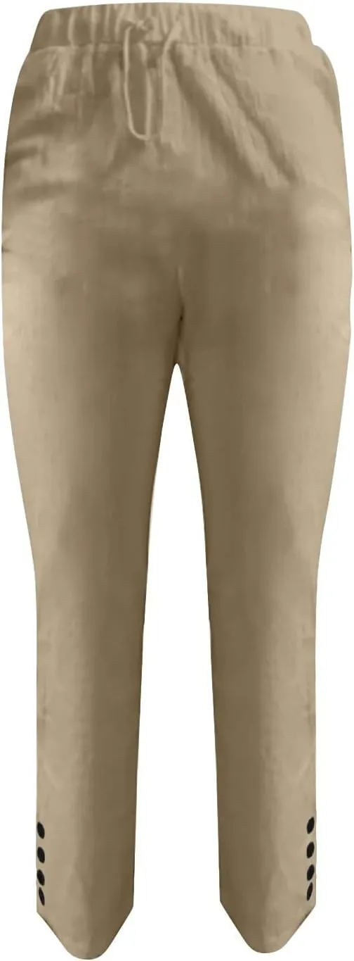 Women Linen Blend Summer Letter Patched Pant Trousers Elastic Waist Wide Leg Loose Fit Trouser Office