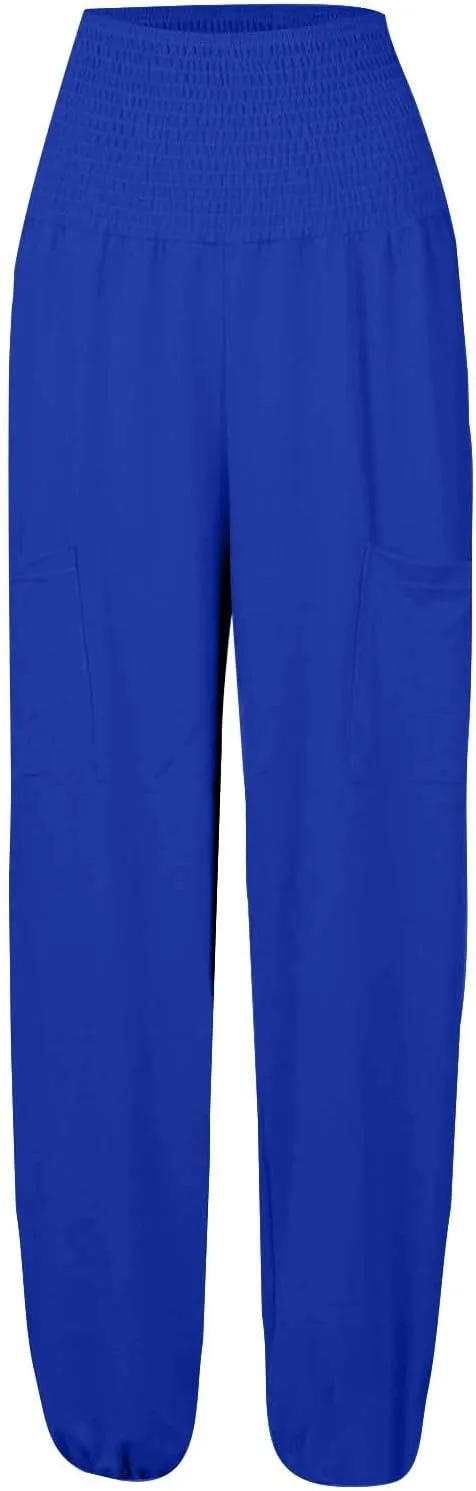 Women Linen Blend Summer Loose Flowy Palazzo Lounge Pants High Waist Bootcut Slim-Fit Trouser Work Business