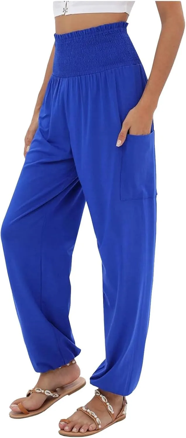 Women Linen Blend Summer Loose Flowy Palazzo Lounge Pants High Waist Bootcut Slim-Fit Trouser Work Business