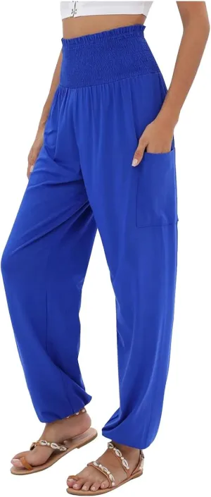 Women Linen Blend Summer Loose Flowy Palazzo Lounge Pants High Waist Bootcut Slim-Fit Trouser Work Business
