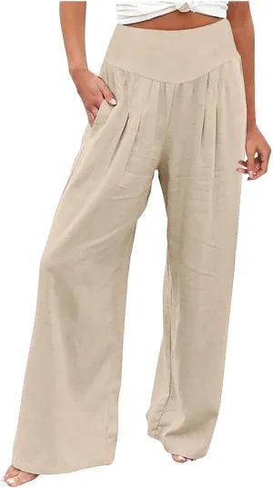 Women Linen Blend Summer Palazzo Pant Trousers Elastic Waist Ankle Length Slim-Fit Palazzo Pants Travel