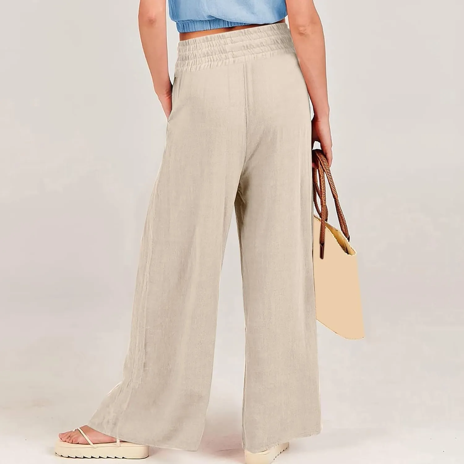 Women Linen Blend Summer Palazzo Pant Trousers Elastic Waist Ankle Length Slim-Fit Palazzo Pants Travel