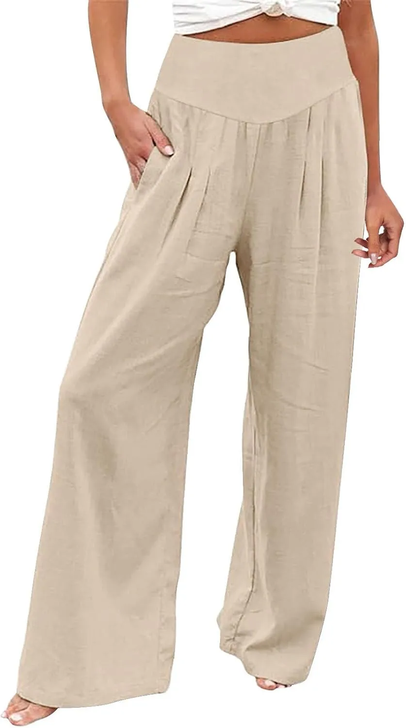 Women Linen Blend Summer Palazzo Pant Trousers Elastic Waist Ankle Length Slim-Fit Palazzo Pants Travel