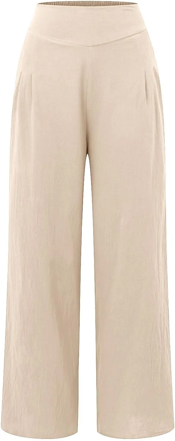 Women Linen Blend Summer Palazzo Pant Trousers Elastic Waist Ankle Length Slim-Fit Palazzo Pants Travel