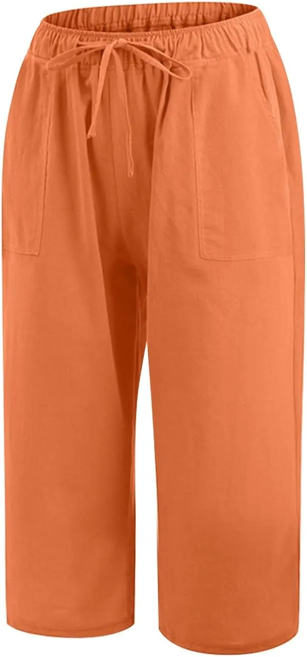 Women Linen Blend Summer Pull On Palazzo Lounge Pants High Waist Straight Slim-Fit Trousers Beach