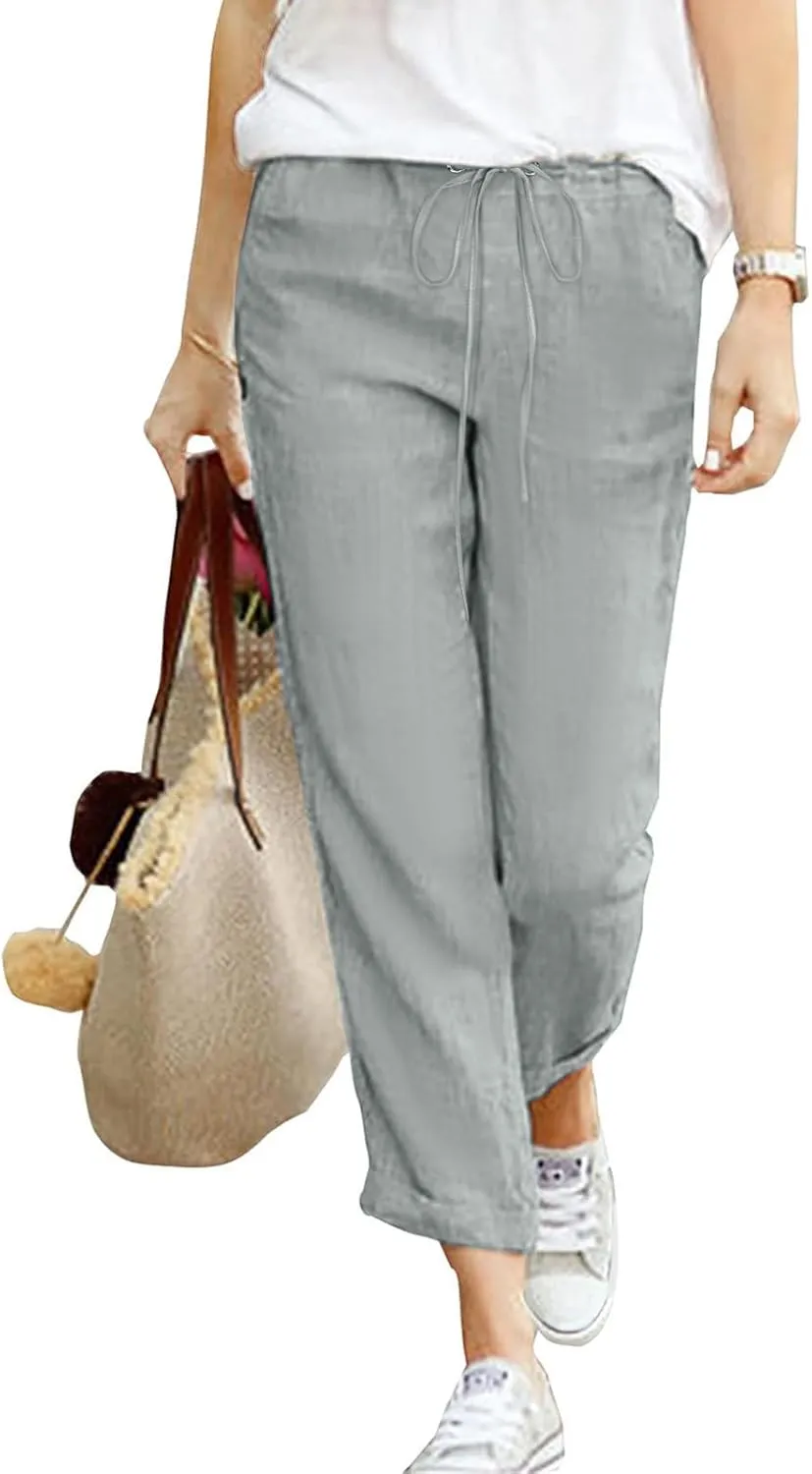 Women Linen Blend Summer Striped Palazzo Pants Elastic Waist Baggy Stretchy Slim-Fit Palazzo Lounge Pants