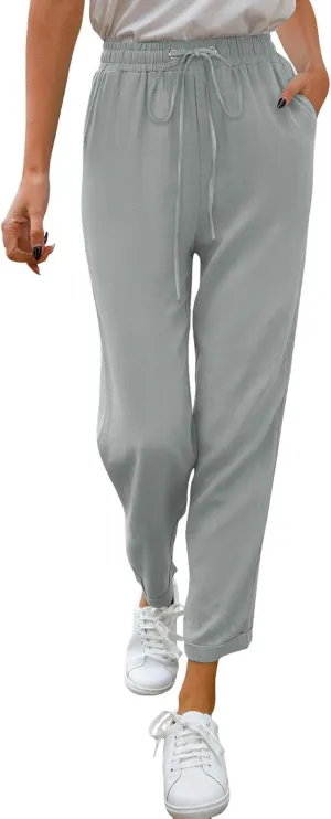 Women Linen Blend Summer Striped Palazzo Pants Elastic Waist Baggy Stretchy Slim-Fit Palazzo Lounge Pants